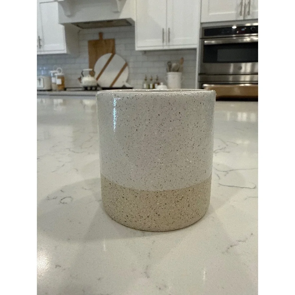 Two-Tone Speckled Ceramic Stoneware Crock Small Utensil Holder Cream and Tan